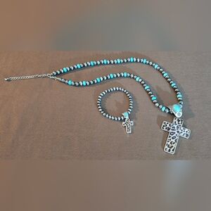 Chic Turquoise & Hematite Leopard Print Cross Beaded Necklace & Bracelet